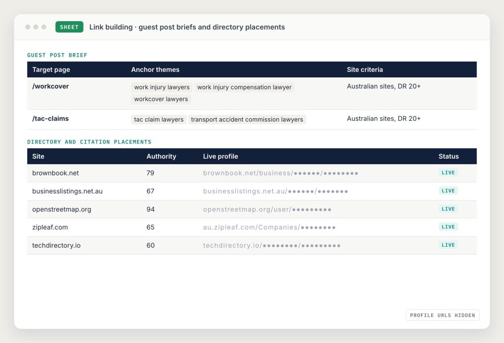 Excerpt from the link building sheet: guest post briefs and directory placements with profile URLs hidden
