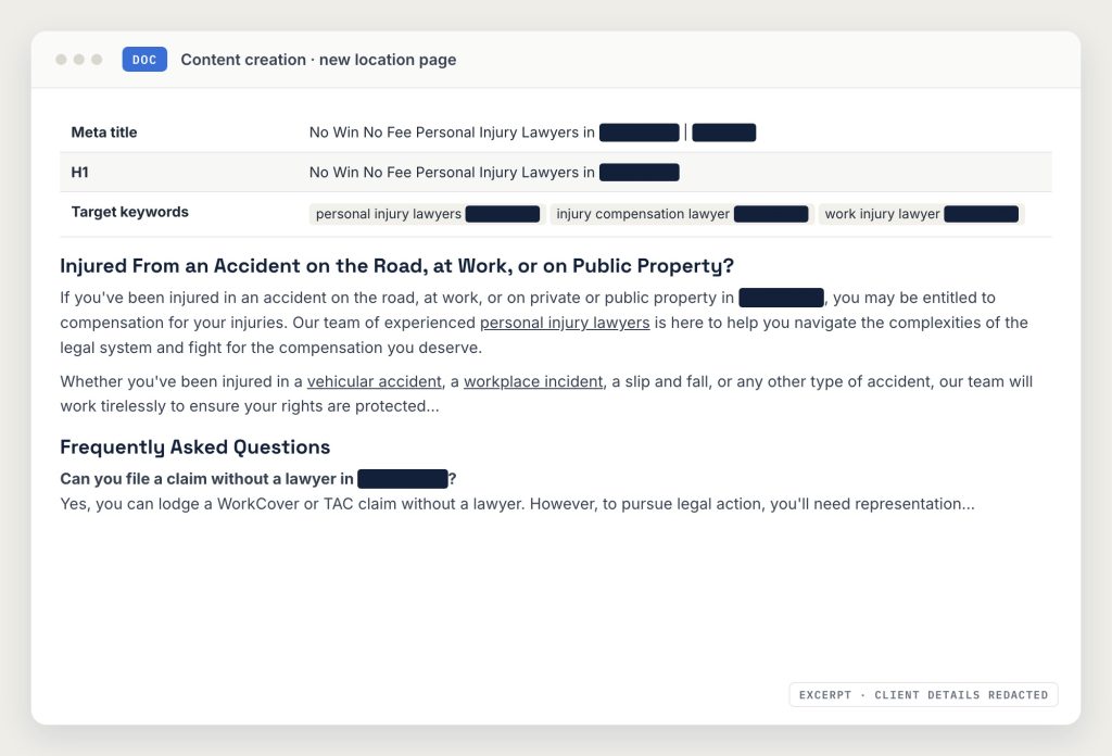 Excerpt from a location page content brief and draft, with metadata, headings and FAQs